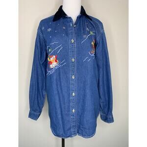 Ski Snowman WinterDenim Shirt Velvet Collar Sz Small Embroidered Cabincore